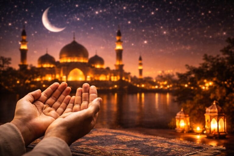 يدين مرفوعتين بالدعاء أمام مسجد مضاء في ليلة من ليالي رمضان